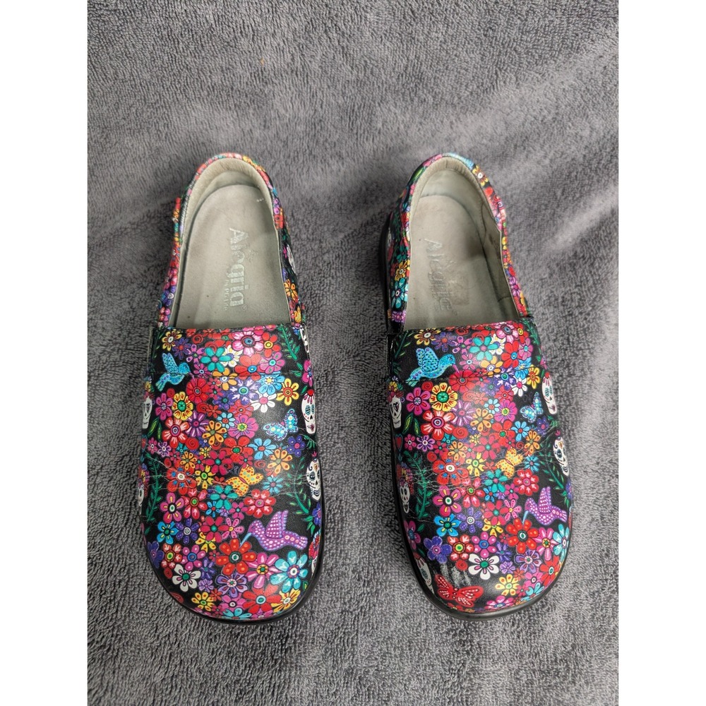 Alegria KEL-7574 Sugar Skulls Floral Leather Clogs Black Multicolor Size 37